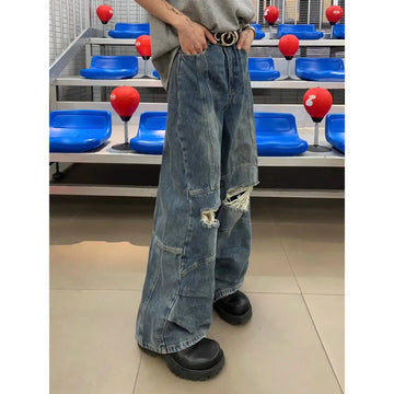 Riolio High Street Hip Hop Men and Women Trendy Personality Straight Tube Destruction Washed Jeans Autumn Loose Retro Casual Pants